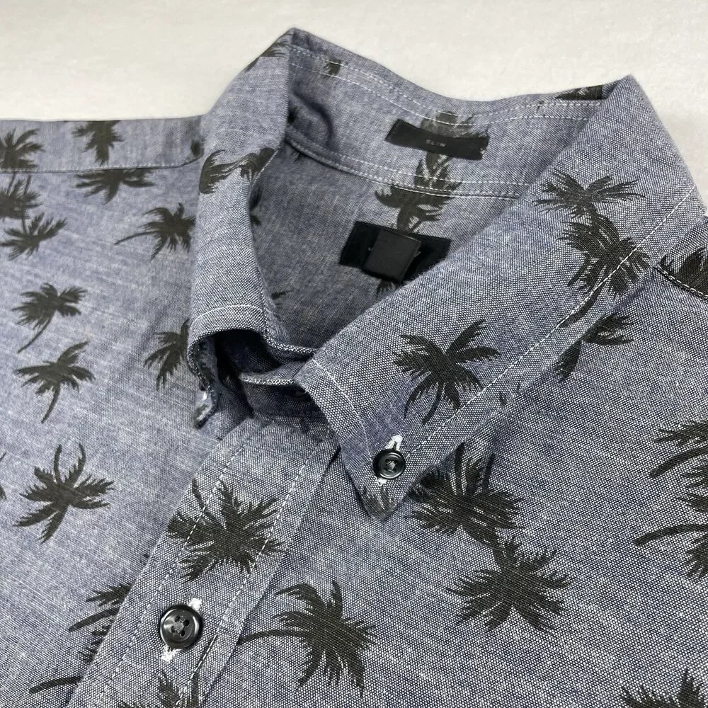 Mens J. Crew Slim Long Sleeve Button Up Shirt Palm Tree Dark Gray/Black-L